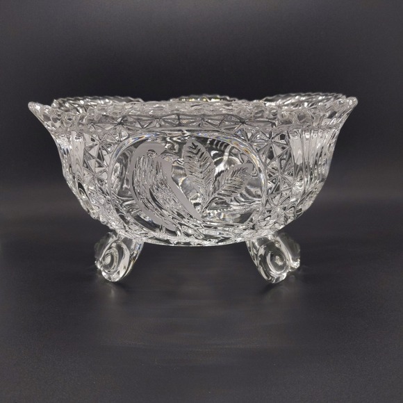 vtg Hofbauer Footed Lead Crystal Bowl Dish Etched Birds Saw Tooth 7.5" - Picture 1 of 6